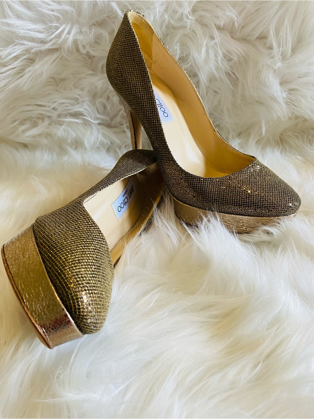Jimmy Choo Gold Glitter Fabric And Embossed Leather Eros Platform Pumps